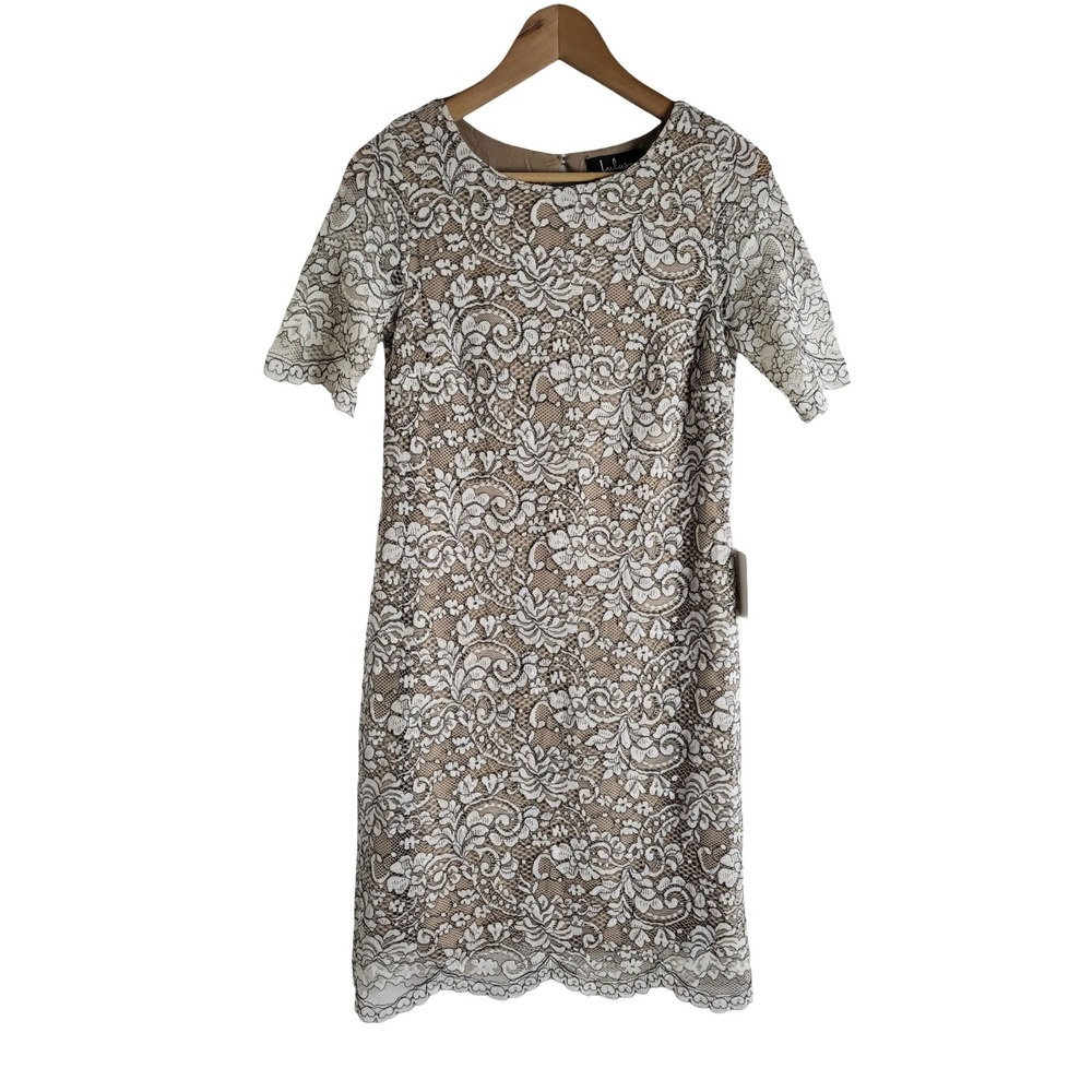 Lulus White Floral Lace Shift Dress Tan Lining Scalloped Hem Small Coquette